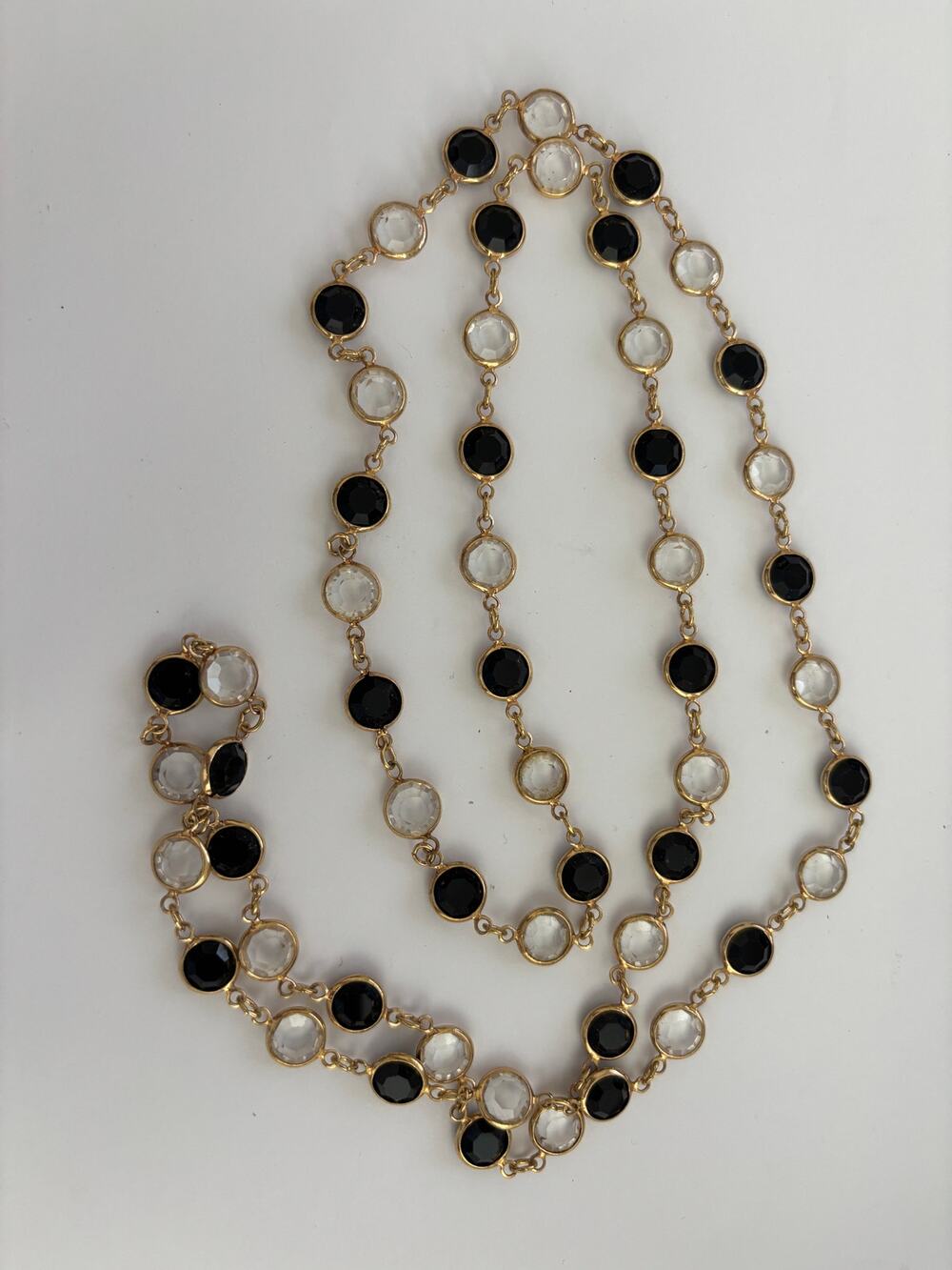 Vintage Gold Tone Station Necklace Black & White Bezel Set Crystals